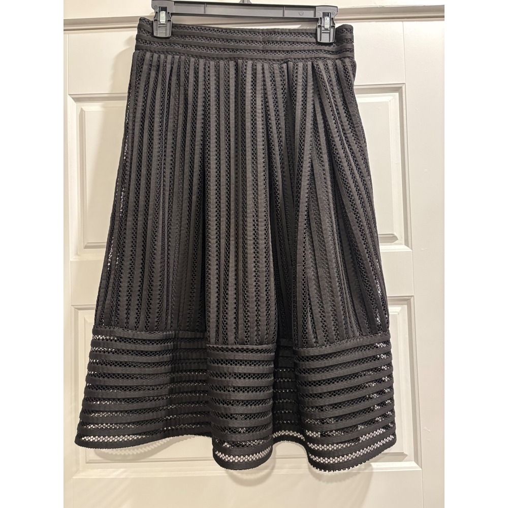 Haute Monde Black Mesh Pleated Midi Skirt A-Line Striped HMS50080 Womens M